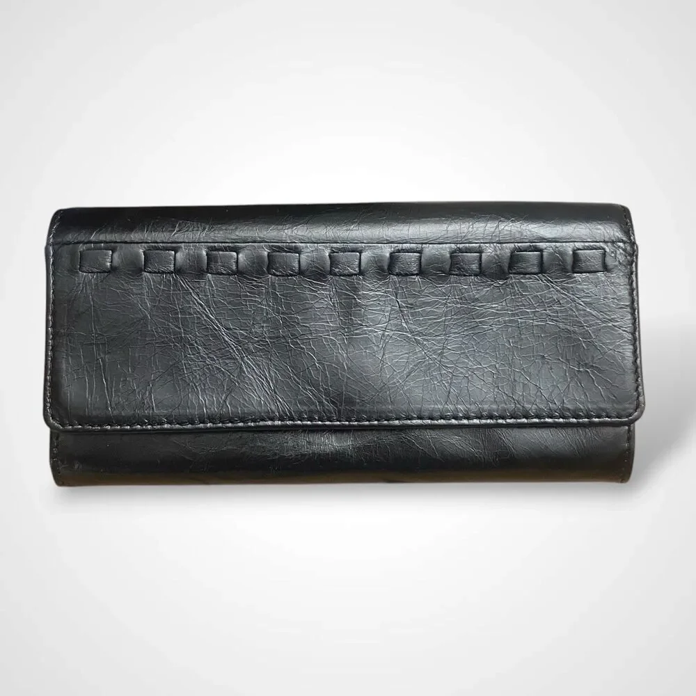 Hobo Continental Wallet Black Genuine Leather Long Bifold with Magnetic Closure